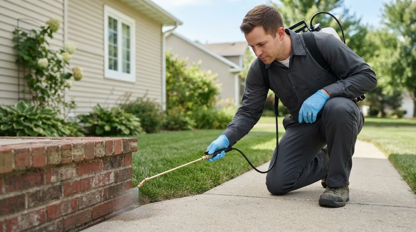 Pest control technician treating a home near Kingston, OH
